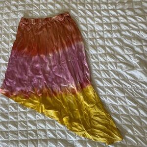 Young fabulous and broke tye dye satin asymmetrical ombré midi skirt